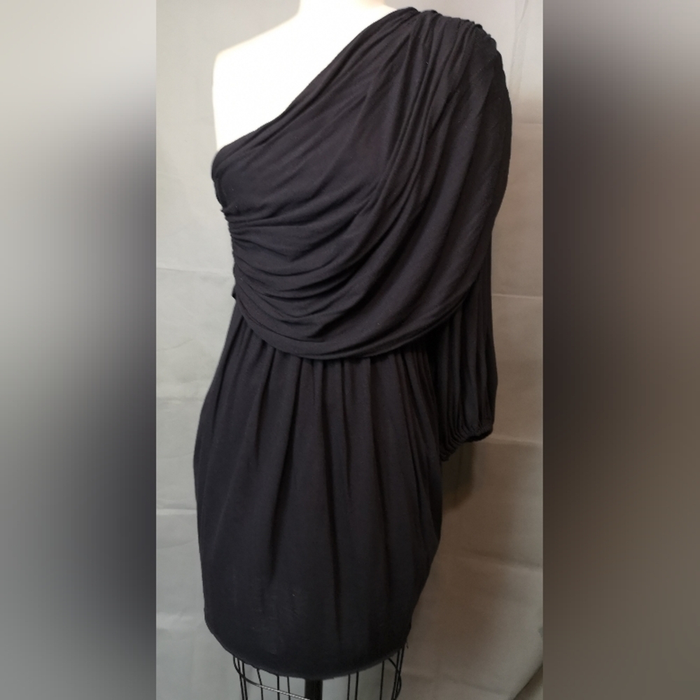Y2K Vintage Rachel Roy One Shoulder Empire Gathered Jersey Black Mini Dress